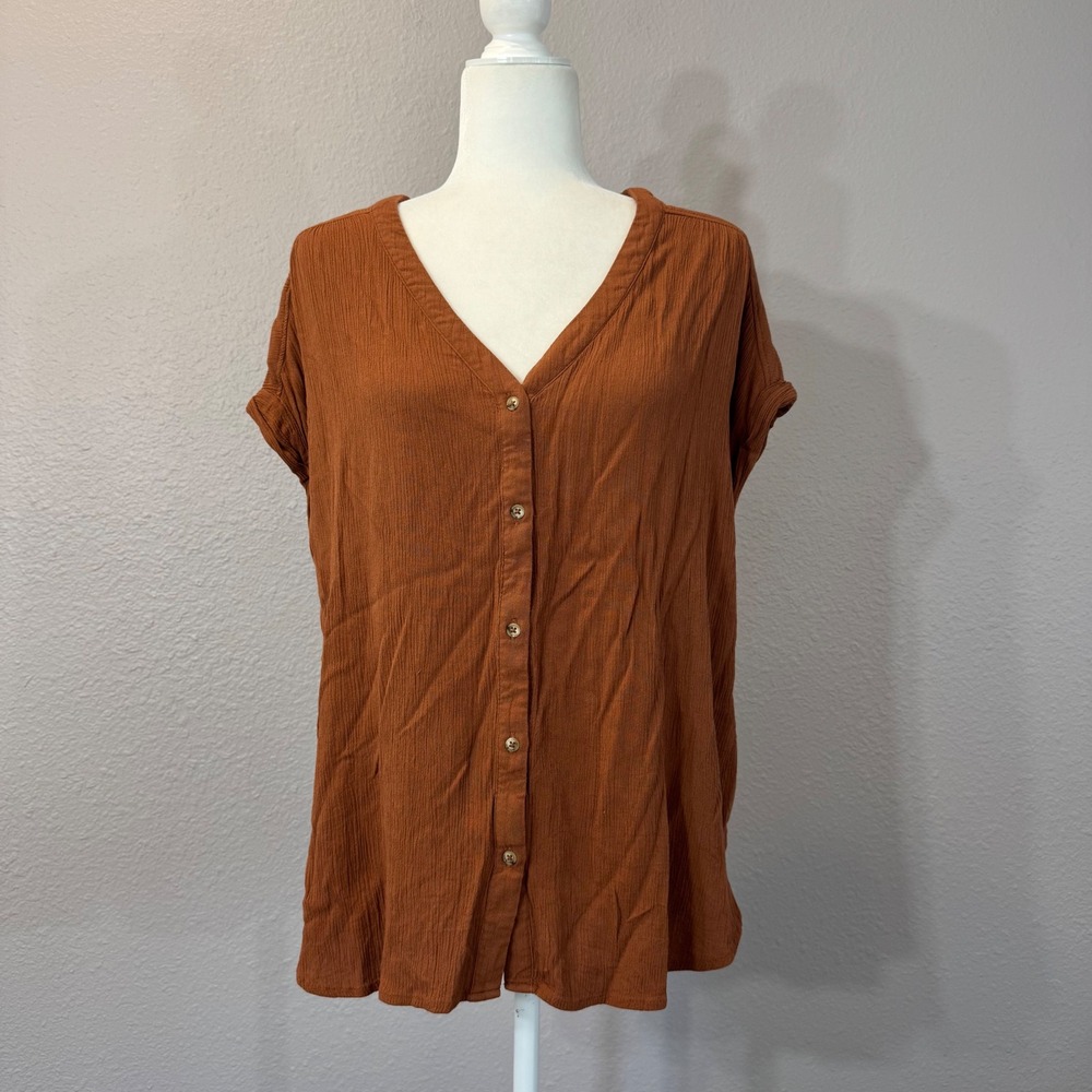 Orvis Women's Size XL Brown Crinkle Gauze Button Up Short Sleeve Top